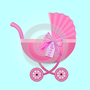 Greeting card with stroller for a girl on Baby Shower. Pink Stroller with a bow. Vector illustration eps 10