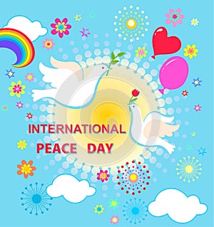 Greeting card with sun and paper cut out doves with olive branch and tulip, balloons, rainbow and flowers for celebration Internat