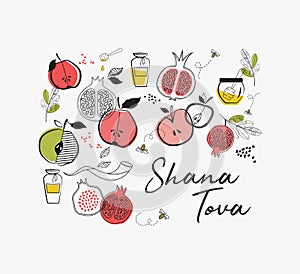 Greeting card with symbols of Jewish holiday Rosh Hashana , New Year. blessing of Happy new year, shana tova. vector