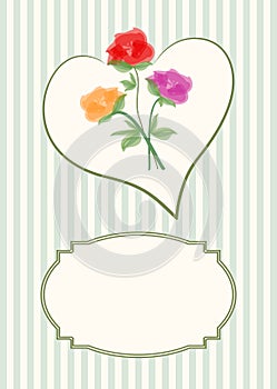 Greeting card template with beautiful bouquet of roses in heart shape on soft stripped background with a vintage frame for text me