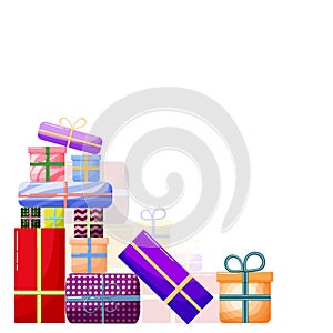 Greeting card template with a bunch of gift boxes wrapped in colorful paper and decorated with ribbons and bows