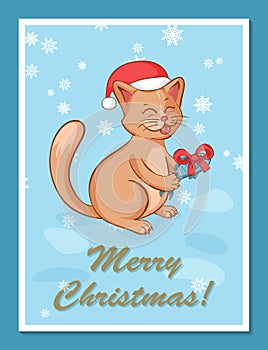 Greeting card template with cute cartoon happy cat character in red Santa hat