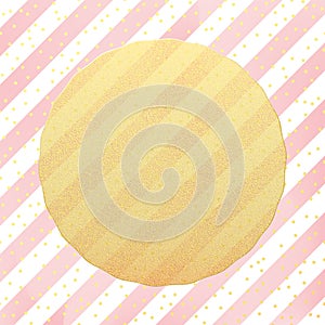 Greeting card template. Gold glitter foil dots confetti on striped white and pink background. EPS 10