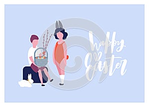Greeting card template with Happy Easter holiday wish handwritten with elegant calligraphic script, woman dressed in