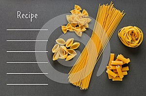 Greeting card template for Italian traditional pasta recipe on a gray background