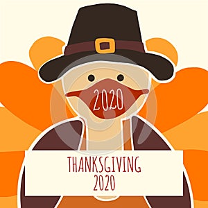 Greeting card template Thanksgiving 2020. Fully editable vector illustration. Turkey wearing a face mask. Stay home
