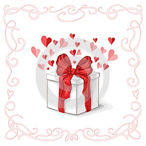 Greeting card template. white gift box tied with red ribbon and lush bow, with gentle pink hearts around, and vintage