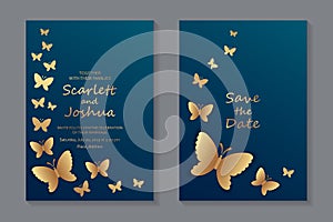 Greeting card templates with golden butterflies on a navy blue background
