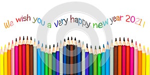 Greeting card with text happy new year 2021, colorful pencils isolated on white