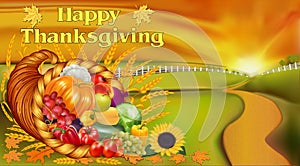 greeting card for Thanksgiving with cornucopia of fruits and vegetables on a harvested field with sunset and