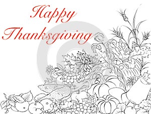 Greeting card with Thanksgiving Day with a cornucopia and generous harvest.Coloring - antistress for children and adults.