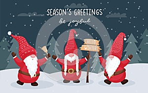 A greeting card with three cute dwarfs in a snowy forest. A dwarf holds a sign with the words - Hello winter. Color vector