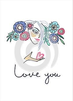 Greeting card to sweetheart. Greeting design for Valentines Day, Wedding Day. Girl with heart on a palm. Love You phrase