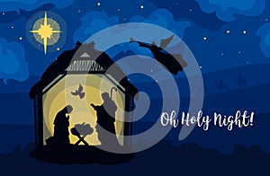 Greeting card of Traditional Christian Christmas Nativity Scene of baby Jesus in the manger with Mary and Joseph in