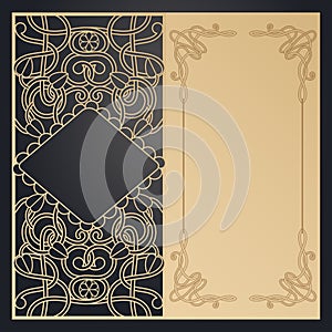 Greeting card with transparent Celtic ornament, template for laser cutting. Wedding and holiday design. Vector clipart.