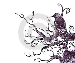 Greeting card with tree branches, twigs and raven