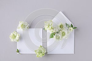 Greeting card trendy mockup or invitation template with blank paper sheet and envelope decorated fresh flowers, flat lay