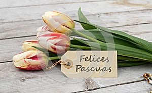 Greeting card with tulips and spanish text: Happy Easter