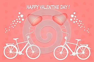 Greeting card with two bicycle and heart shape air balloons. Valentines Day. Happy Lovers.