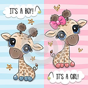 Greeting card with two Cute Cartoon Giraffes