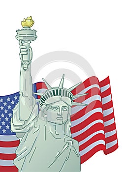 Greeting card with U.S. flag and statue of Liberty. 4th July. Independence day United states.Graphically AMERICAN