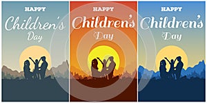 Greeting card on the Universal Children`s Day. Silhouette of the family - father, mother and boy on the background of nature, moun