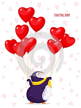 Greeting card for Valentine Day with a funny penguin. Cartoon vector penguin with balloons-hearts. I love you, baby