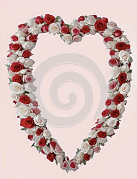 Greeting card. Valentine's day. Anniversary. Heart of roses. Heart made of flowers, roses, pink ground