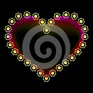 Greeting card for Valentine`s Day. Banner for the holiday. Heart surrounded by flowers. Black background.