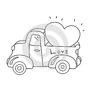 Greeting Card Valentine`s Day with a car and Balloons Hearts. Love truck. Vector illustration in doodle style isolated on