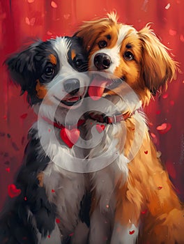 Greeting card on Valentine\'s Day with a couple of dogs in love