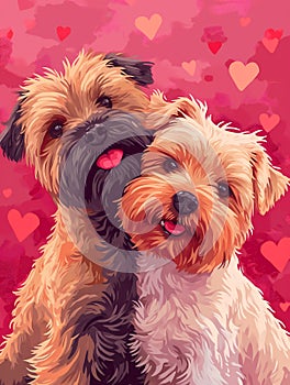 Greeting card on Valentine\'s Day with a couple of dogs in love