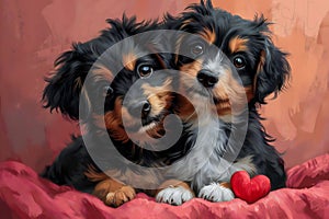 Greeting card on Valentine\'s Day with a couple of dogs in love