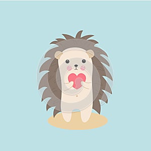 Greeting card Valentine`s day. Cute hedgehog with a pink heart in paws.