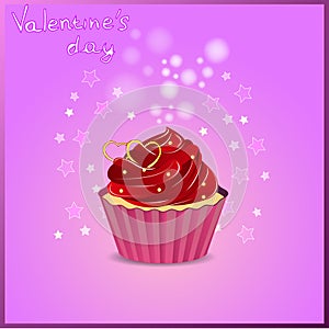 Greeting card for Valentine`s Day, February 14, Love. Cupcake with a beautiful cream and heart
