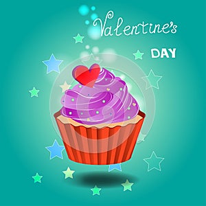 Greeting card for Valentine`s Day, February 14, Love. Cupcake with a beautiful cream and heart