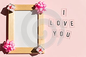 Greeting card for Valentine`s Day.Holiday mock up, hearts on pastel pink background. Love message.Mother`s Day, Wedding