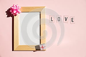 Greeting card for Valentine`s Day.Holiday mock up, hearts on pastel pink background. Love message.Mother`s Day, Wedding