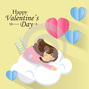 Greeting card for Valentine`s Day. Sweet girl on cloud with Paper heart on pastel background.