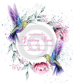 Greeting card with watercolor humming bird frame. Vector