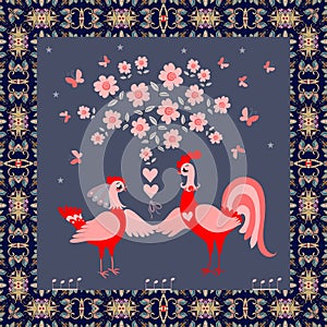 Greeting card, wedding invitation or beautiful square carpet with cute funny chicken and rooster