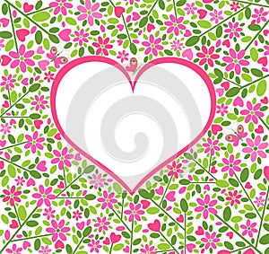 Greeting card for wedding, mother’s day, birthday, flower-shop signboard with floral abstract pattern and frame in heart shape
