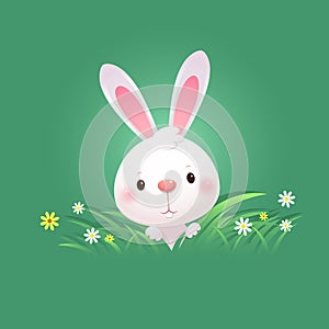 Greeting card with white Easter Bunny. Cute rabbit hiding in green grass