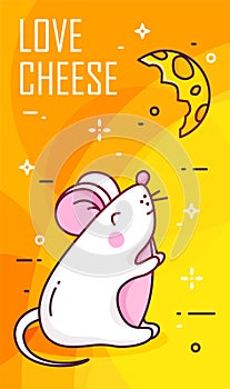 Greeting card with white mouse and piece of cheese on yellow background. Thin line flat design