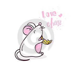Greeting card with white rat and piece of cheese on white background. Thin line flat design