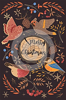 Greeting card with winter birds and the inscription Merry Christmas. Vector graphics