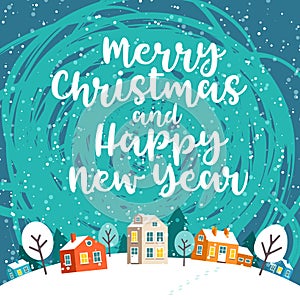 Greeting card with winter Christmas town and text