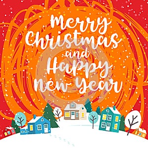 Greeting card with winter Christmas town and text