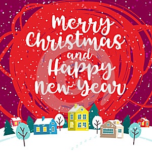 Greeting card with winter Christmas town and text