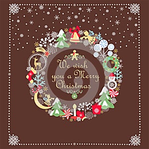 Greeting card for winter holidays with childish funny Christmas paper cutting wreath, candy, little angels, snowman, sock, mitten,